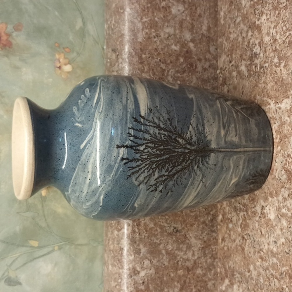 Seiverville Pottery Tenn Handmade Hand Painted Blue Ivory Tree Scene Bud Vase